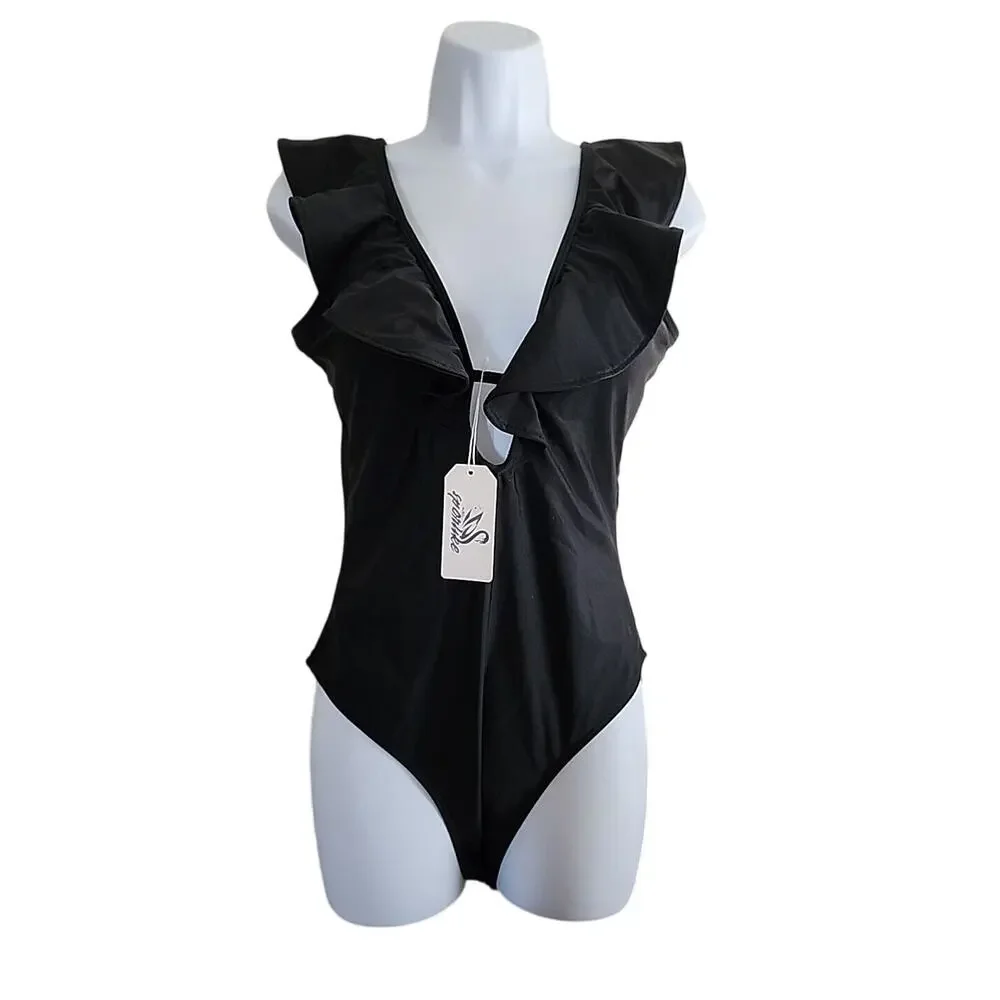 Nwt‎ Medium Black Ruffled One-piece Swimsuit